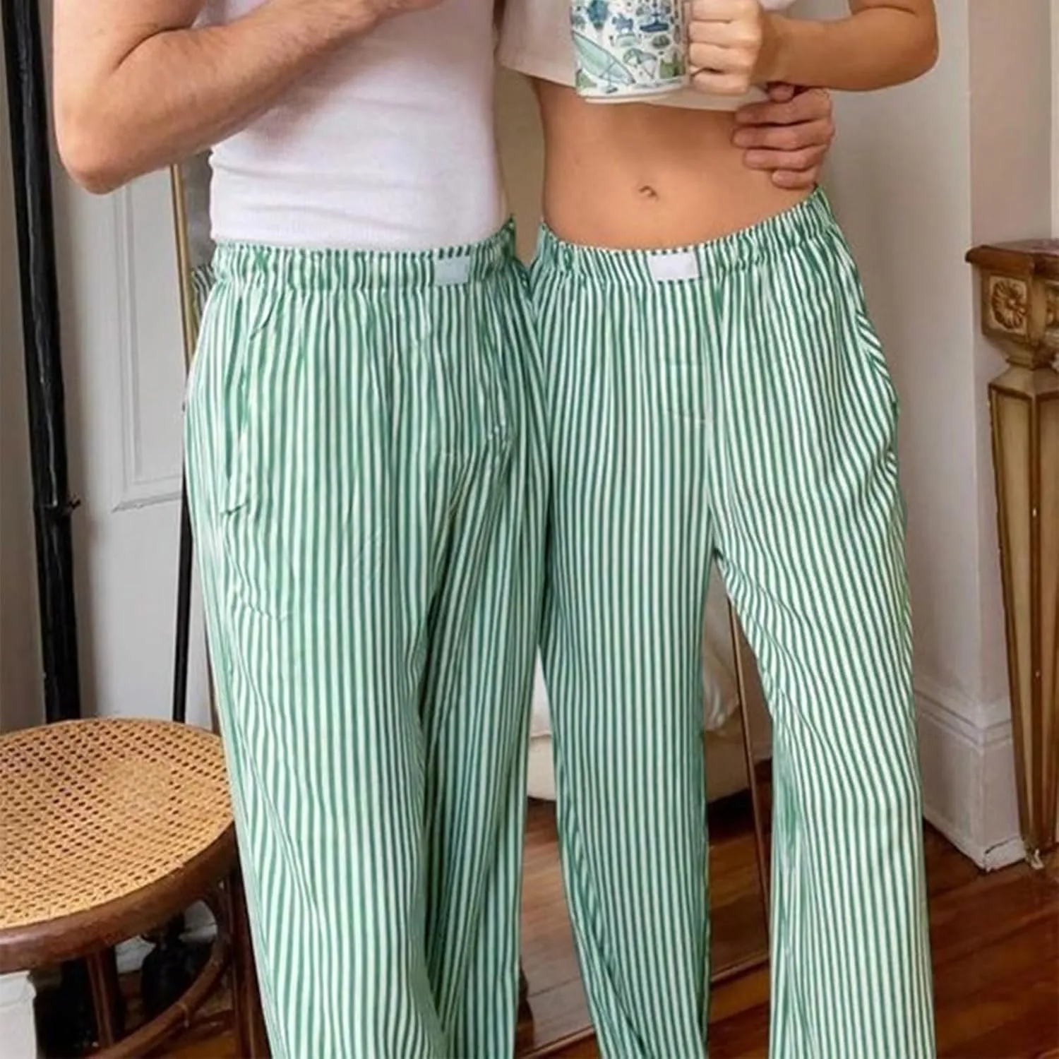XBTCLXEBCO Women Y2K Striped Lounge Pants Elastic Waist Straight Wide Leg Pajama Bottoms Casual Going Out Trousers Pants